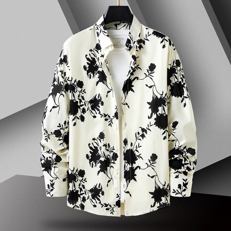 2024 Spring Mens Long Sleeved Shirt Men Printed Hawaiian Floral Shirt Male Vintage Flowers Oversized Shirt Korean Clothing 8XL