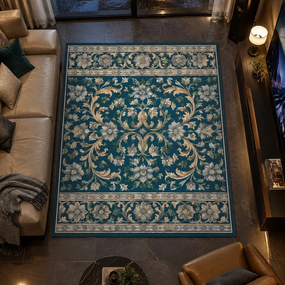 VIKAMA Door Mat Peacock Blue Scroll Floral Trellis Persian Soft Machine Washable Living Room Entryway Sofa Guest Room Home Decor