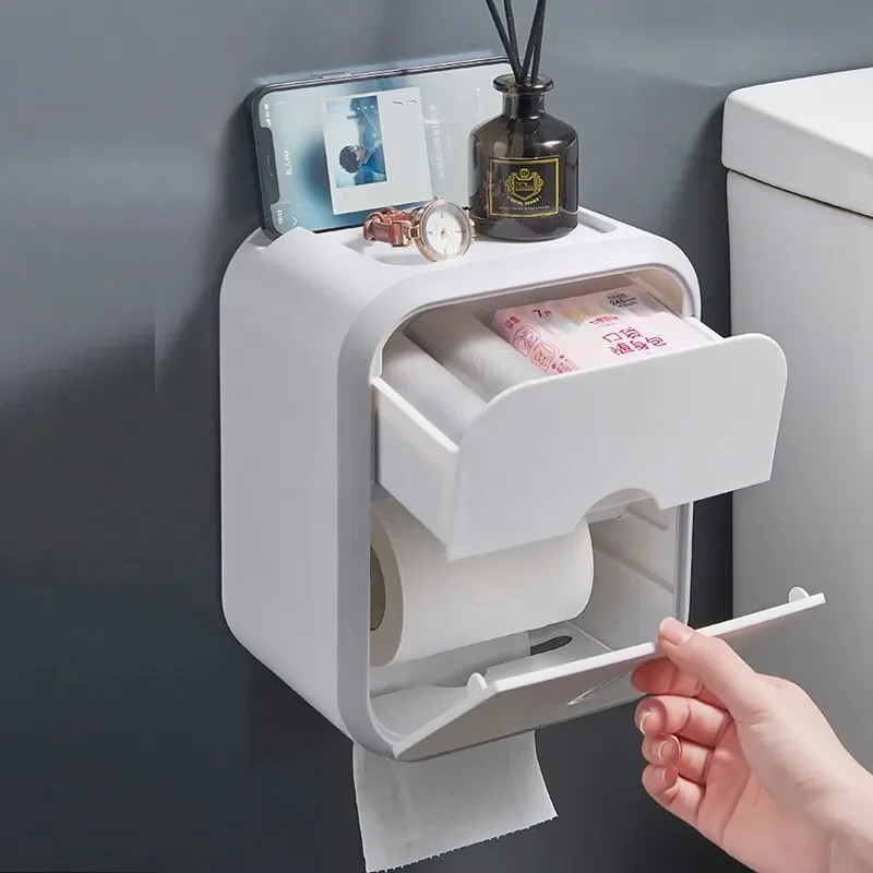 Tissue Box Wall Mounted Waterproof Toilet Tissue Storage Box Multi-function Toilet Paper Holder Box Bathroom Storage Products