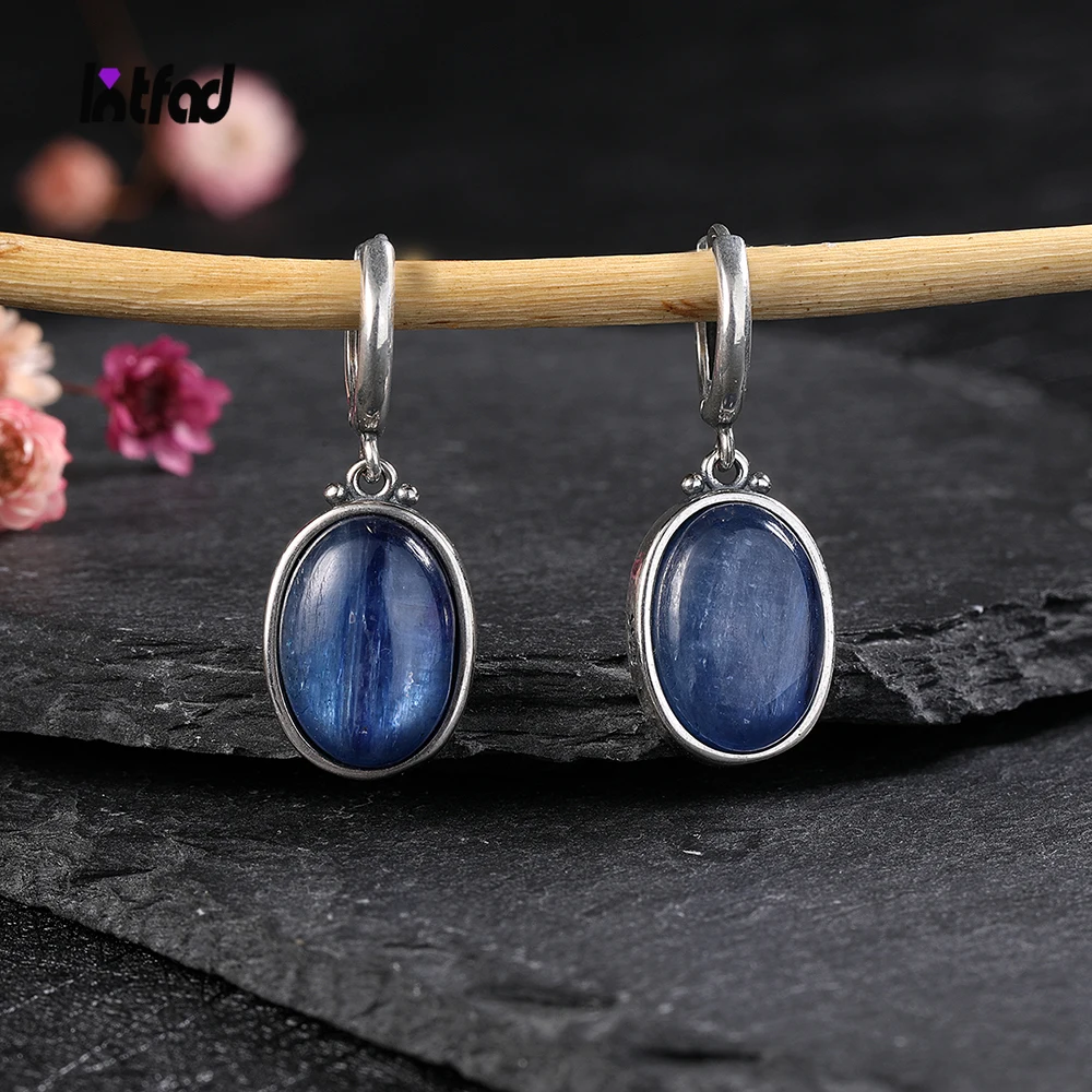 Simple Style Large Oval Natural Kyanite 925 Sterling Silver Hoop Earrings Gems Elegant Pendant Luxury Jewelry Anniversary Gift