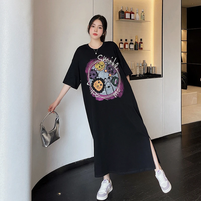 

Женское платье-футболка с длинными рукавами и юбка до щиколотки, мультяшный принт, с короткими рукавами, свободное, с разрезом, повседневное, летнее,