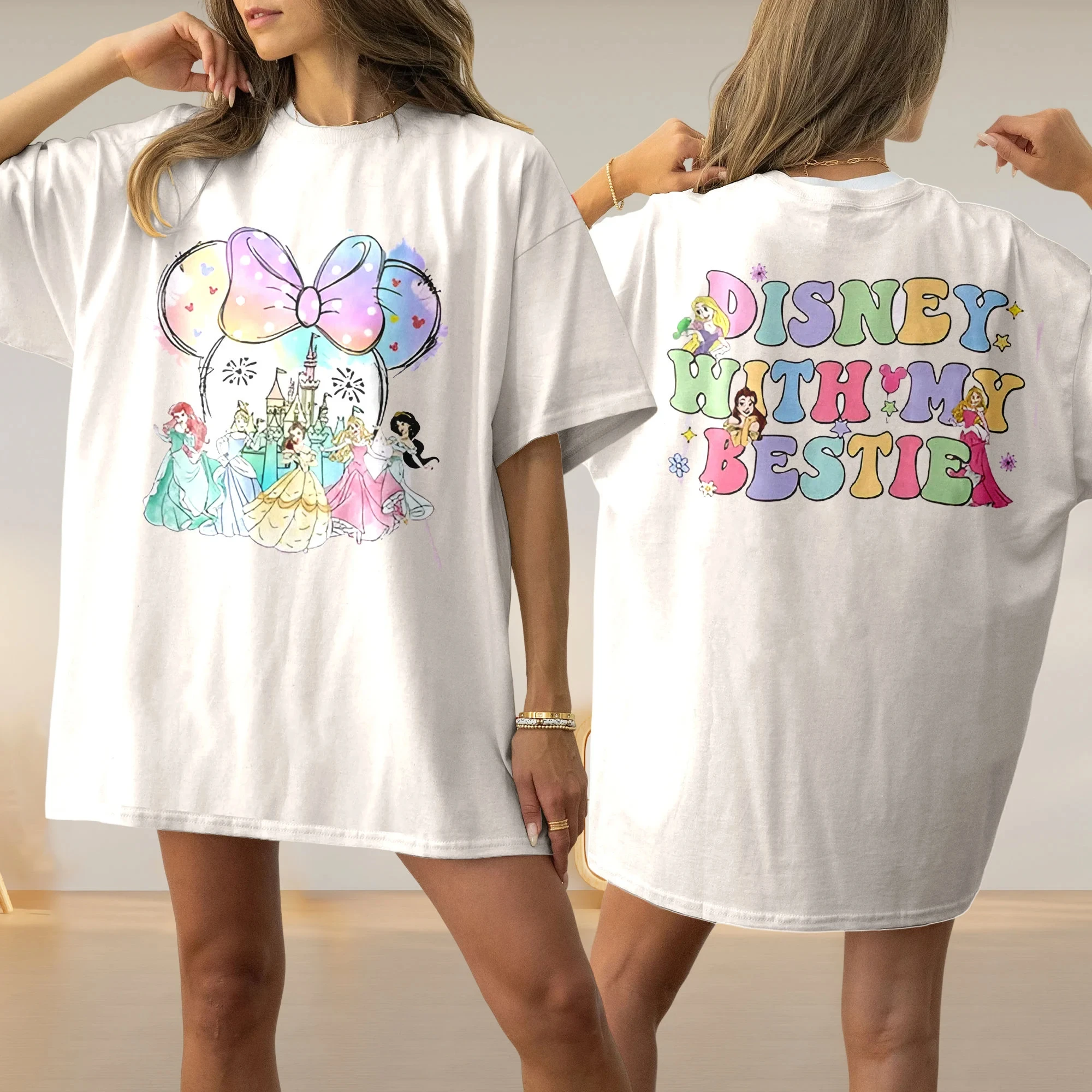 

Minnie Ears With My Bestie Shirt, Funny Girl Family Birthday Vacation Shirt, Princess Team Watercolor Tee Princess Castle Trip