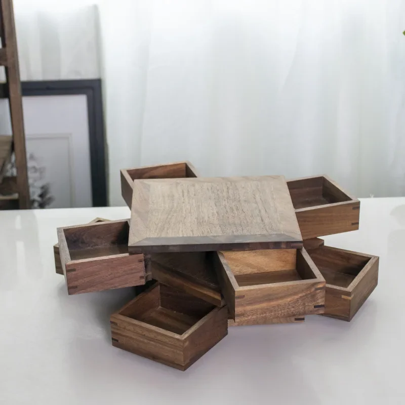 

Solid wood storage box Living room candy Rotatable with lid Grid Nut Gift packaging Wooden fruit plate