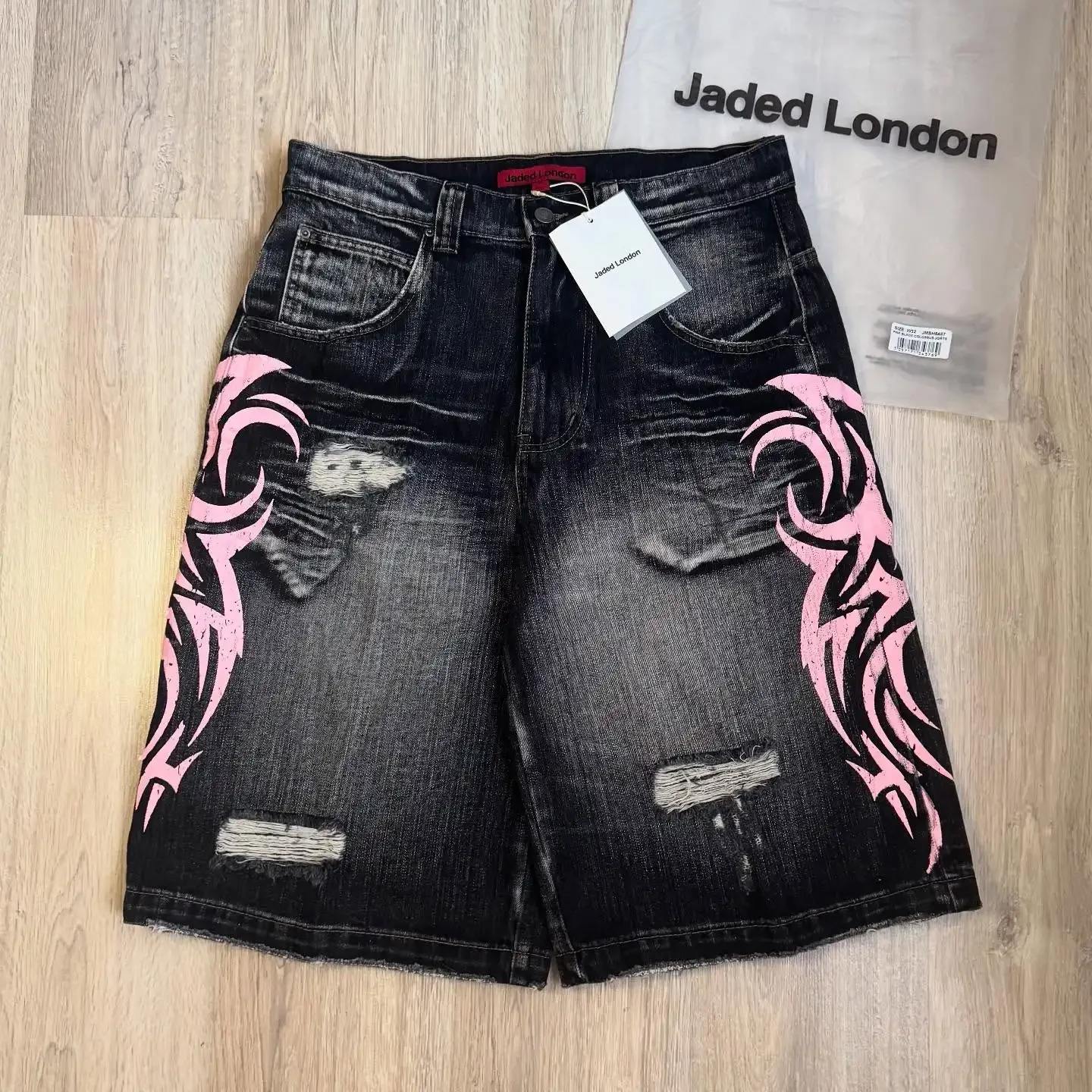High Street สีชมพูพิมพ์ Ripped หลากหลาย Casual กางเกงยีนส์ขนาดใหญ่กางเกงขาสั้น Boy punk Rock แฟชั่น Y2K ยอดนิยมบาสเกตบอลกางเกงขาสั้น