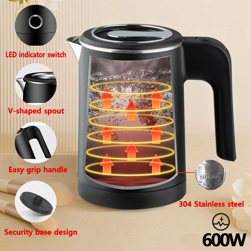 Chaleira Elétrica de Viagem Portátil, Chaleira Elétrica, Aço Inoxidável 304, Casa, Café e Chá, 600W, Cozinha, 600ml