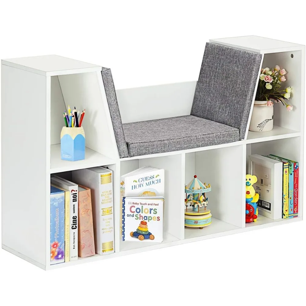 Kids Bookshelf with Reading Nook, 6 Cubby Bookcase with Soft Seat Cushion, Wooden Toy Storage Organizer, Book Shelf for Playroo