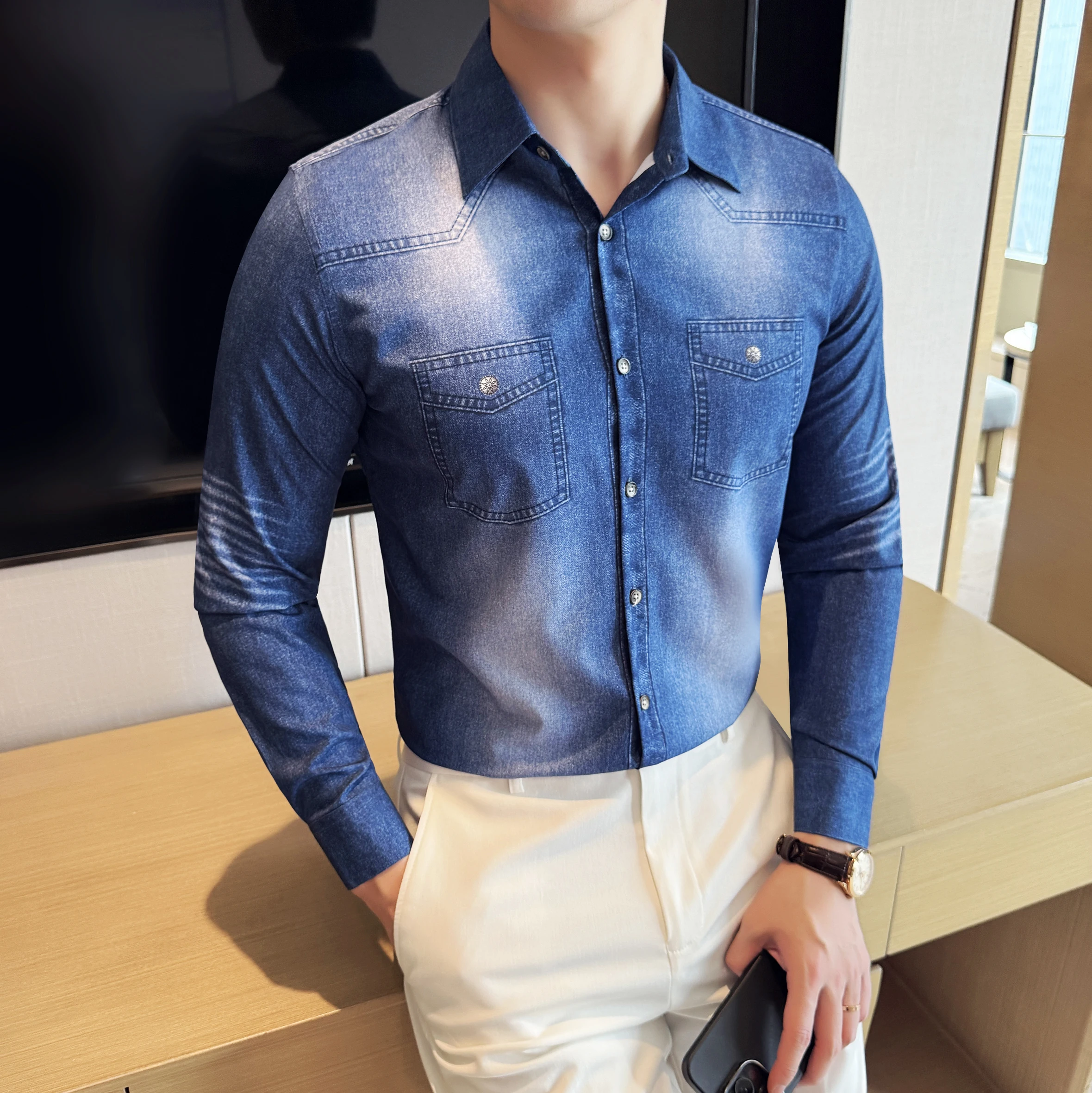 قمصان طويلة الأكمام للرجل الكورية موضة الدنيم مثل سليم صالح الرجال الاجتماعية قميص رفض طوق بلوزة مكتب عادية أوم 4XL