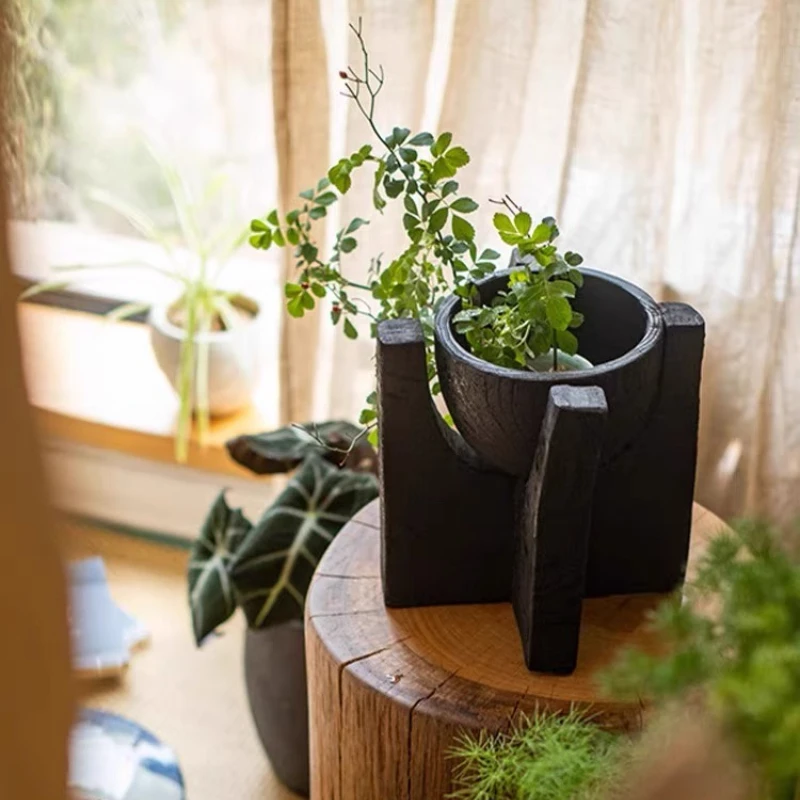

Japanese Wabi Sabi Planter Charred Wood Flower Pot Zen Table Decor Minimalist Centerpiece Home Decoration for Living Room