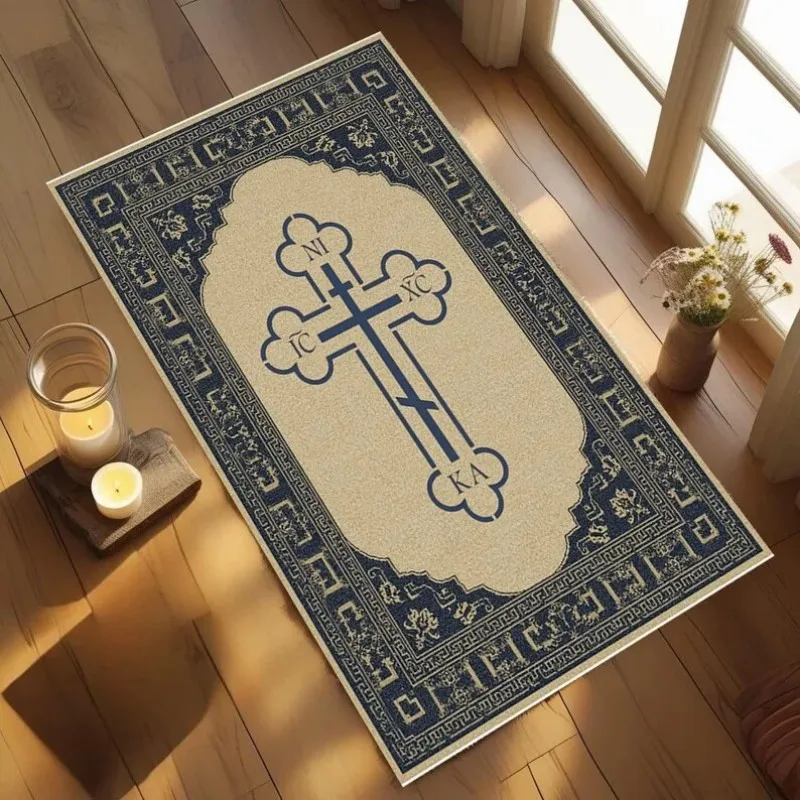Non-slip Greek Key Orthodox Cross Rug for Bedroom Prayer Mat Decor