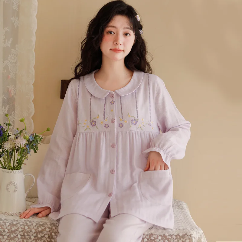 Sweet Cotton Pajama Sets For Lady Floral Print  Long Sleeve Cardigan  Loose Pyjamas Spring Summer Nightwear