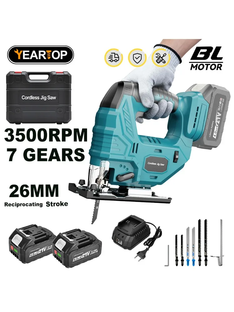YEARTOP 26 mm 3500 U/min bürstenlose elektrische Stichsäge, Kurvensäge, Multifunktions-Stichsäge für Holzarbeiten, Elektrowerkzeug für Makita 18 V Akku stichsäge akku