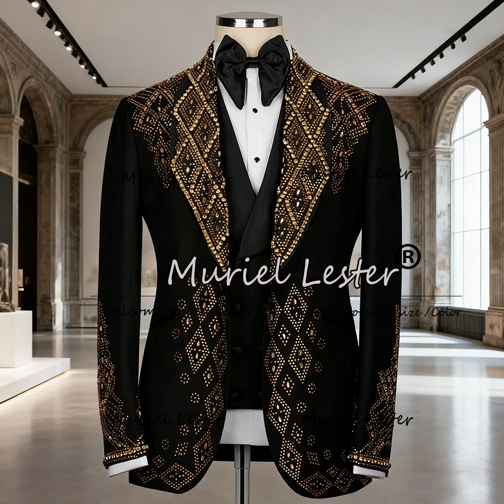 

Exquisite Diamond Beaded Suits Men 3 Pieces Set Slim Fit Single Breasted Prom Blazers Customized Groom Wedding Tuxedos Costume