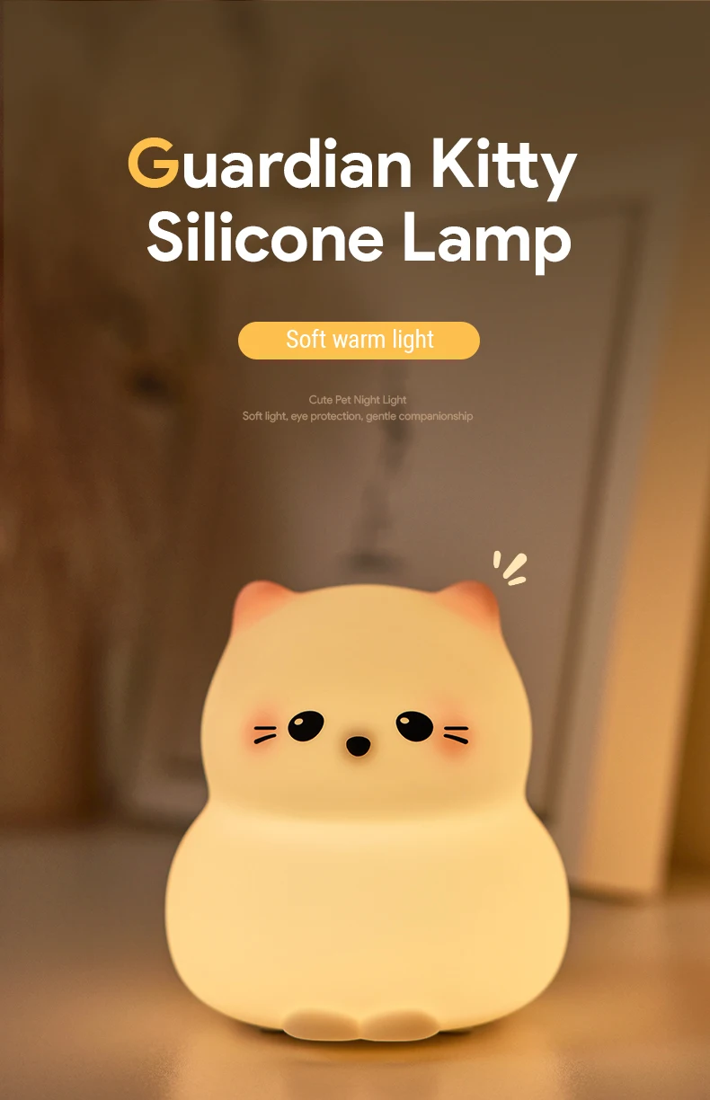 Guardian Kitty Silicone LED Night Lights USB Rechargeable Sleep Night Lamp Timing Bedside Room Decor Kids Baby Nightlight Gift