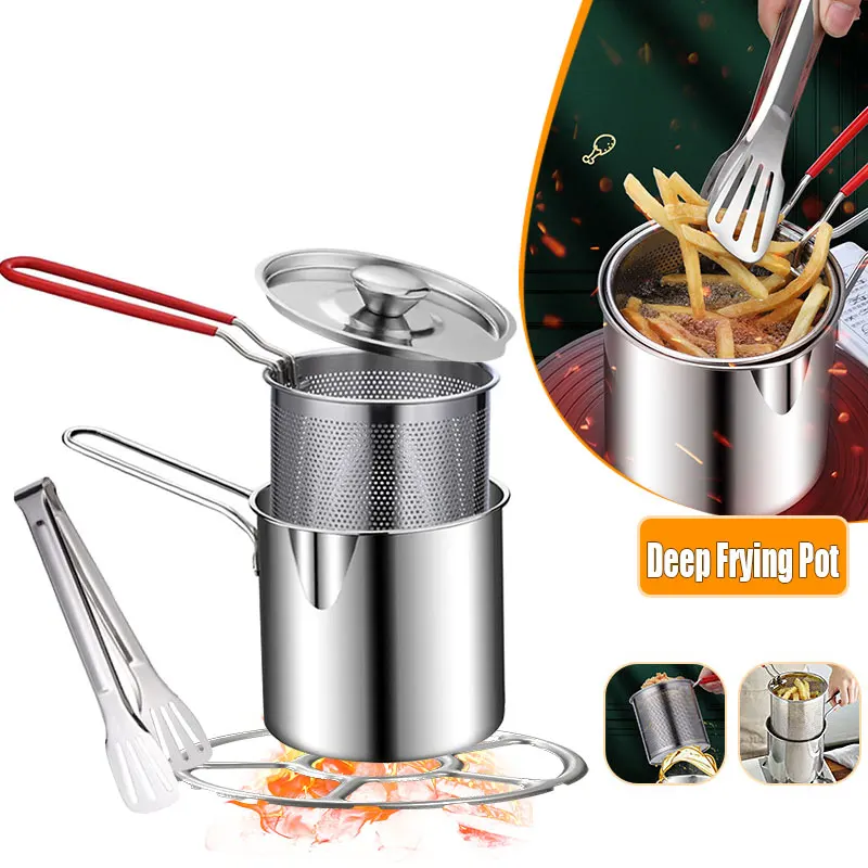 Stainless Steel Deep Fryer Pot Japanese Tempura Small Deep Frying Pan With Strainer Basket for French Fries Chicken Kitchen Pans