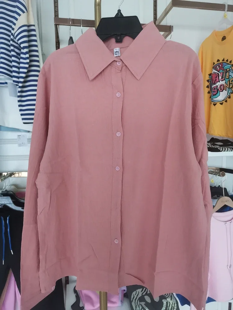 DAYIFUN-Camisa de algodón y lino para mujer, manga larga, holgada, blusas informales, cuello vuelto, Top con botones, ropa femenina de gran tamaño