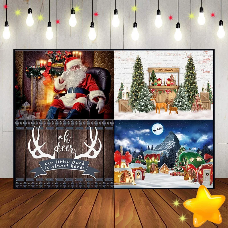 Merry Christmas Xmas Tree Photography Backdrops Fairy Tales Background Photo Lights Baby Shower Window Red Curtain Home Eve Snow