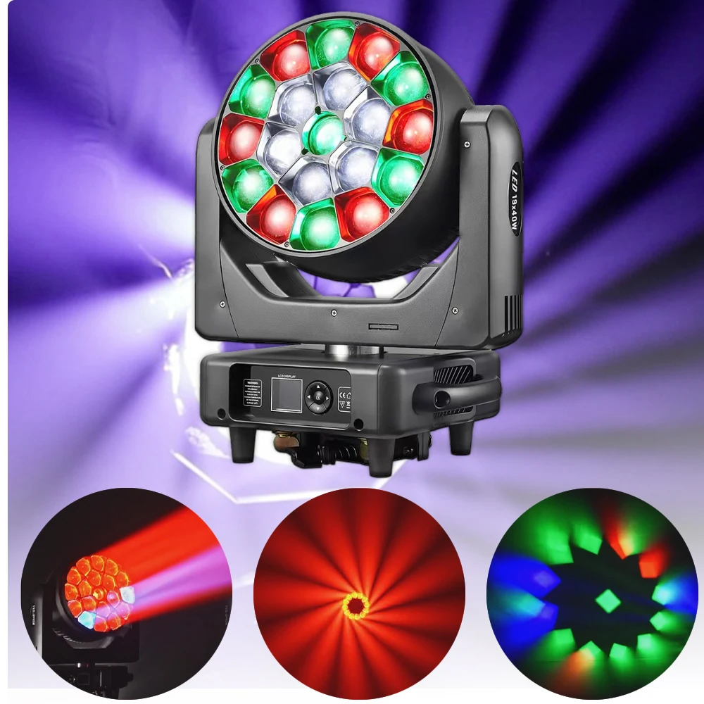 YUER LED Moving Head Light 19x40W RGBW 4-in-1 540° Pan 270° Tilt DMX512 Sound Control 4-60° Zoom for Stage and Event Lighting