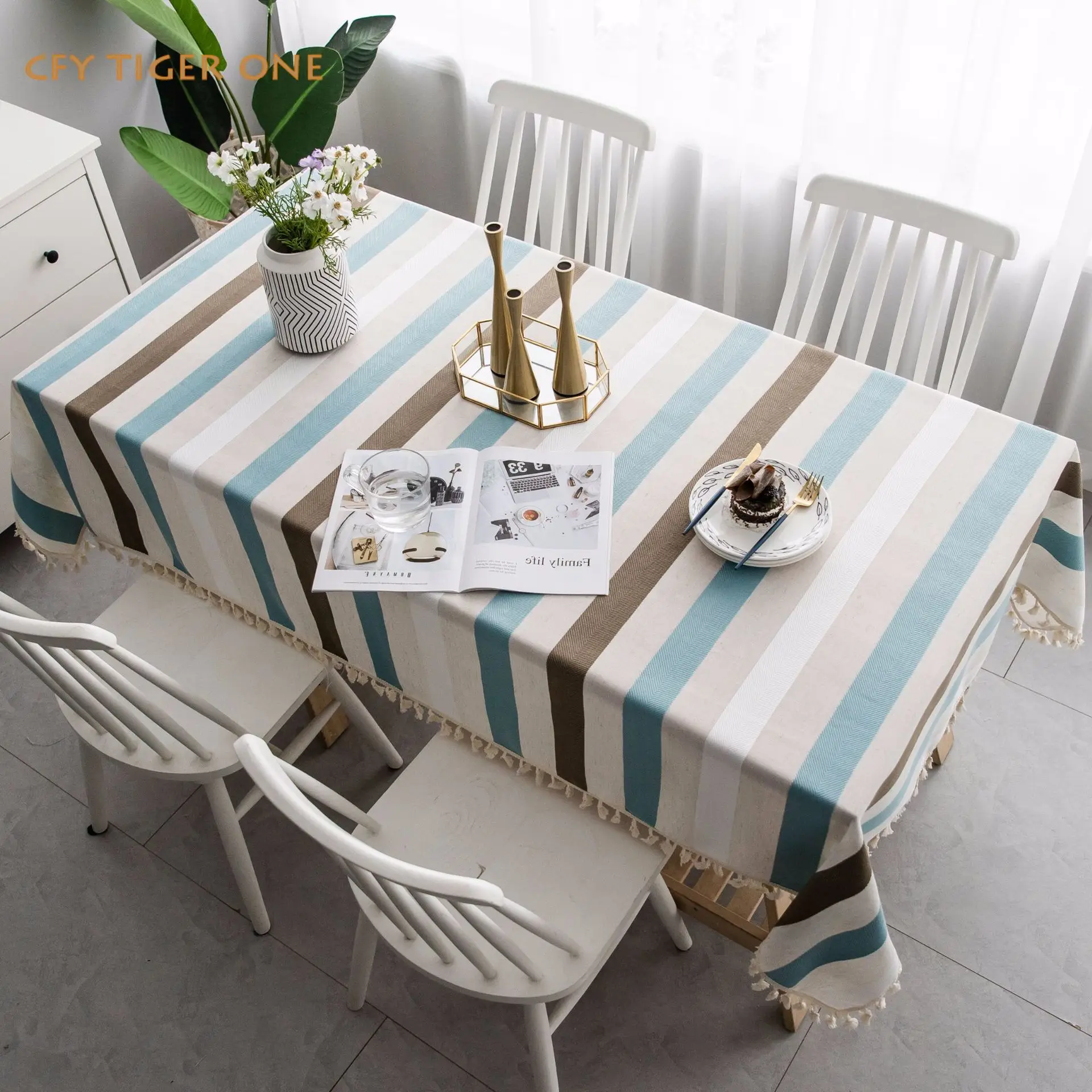 Modern Style Stripes Tablecloth Antifouling Rectangular Tablecloth Washable and Oil Resistant Coffee Table Mat Table Cover