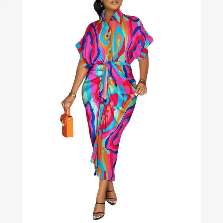 المرأة طويلة Sve V-ne مطبوعة irt Dr Street Sle القطن الكتان الصيف Dr H-aped ex العادية Sve طول