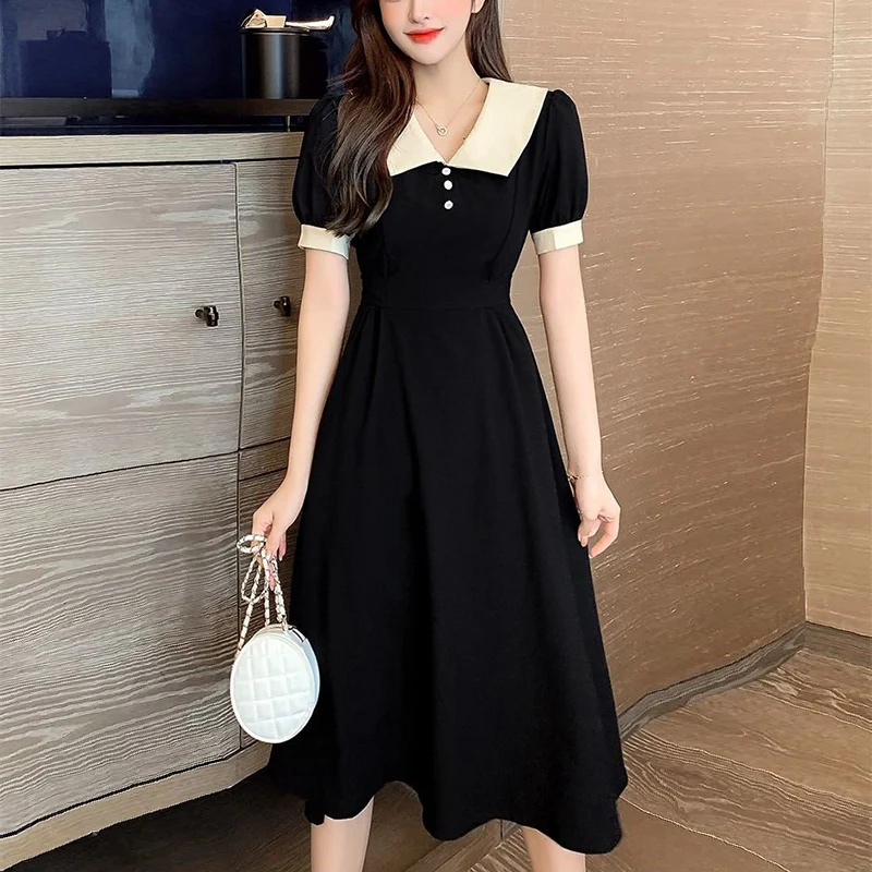 Summer New Casual Fashion Doll Collar Short Sleeve Midi Dress Female Elegant Simple A-line Vestidos Robe Femme Women's Clothing