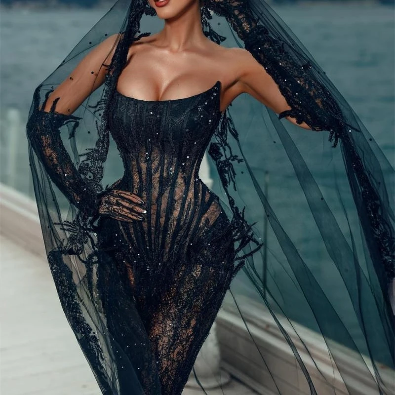 Headdress Black Sequined Lace Strapless Evening Dress Party Elegant Luxury Celebrity With Gloves Wedding Dresses Mermaid vestido