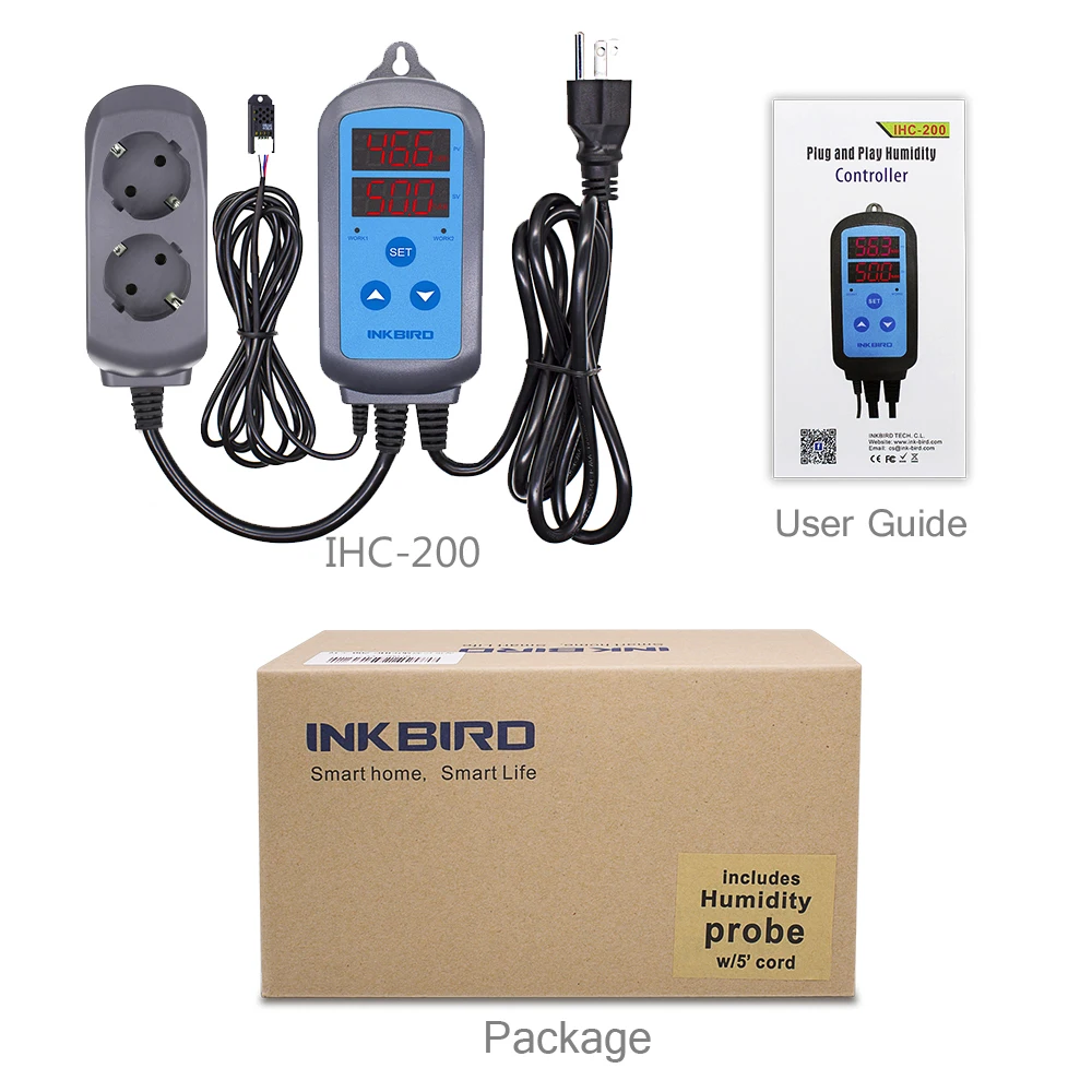 INKBIRD IHC-200 Humidity Controller with Moisture Probe Dual Outlet Pre-Wired Smart Moisture Controller for Brewing,Breeding