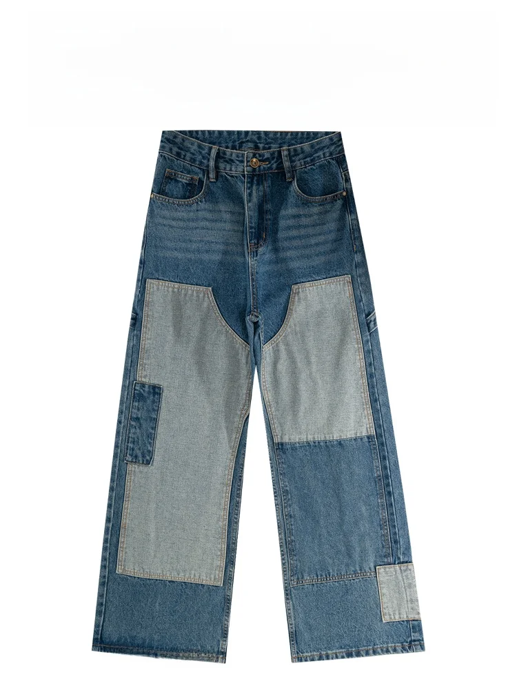 

BAIRBAOLIY High-End American Paris Sle Color Blo Denim Pants Casual Loose Straight Leg Wide Leg Jeans for Young Men