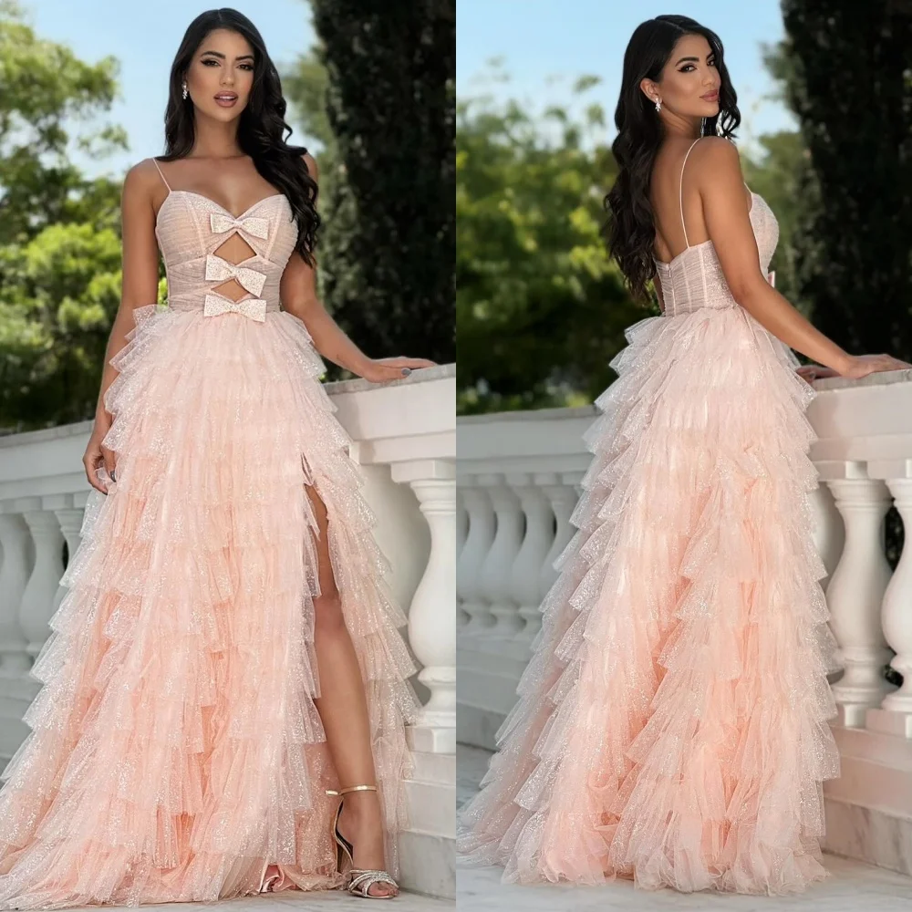 

Customized High Quality Fashion Tulle Bow Sequined Tiered A-line Spaghetti strap Long Dresses Bespoke Occasion Dresses Matching