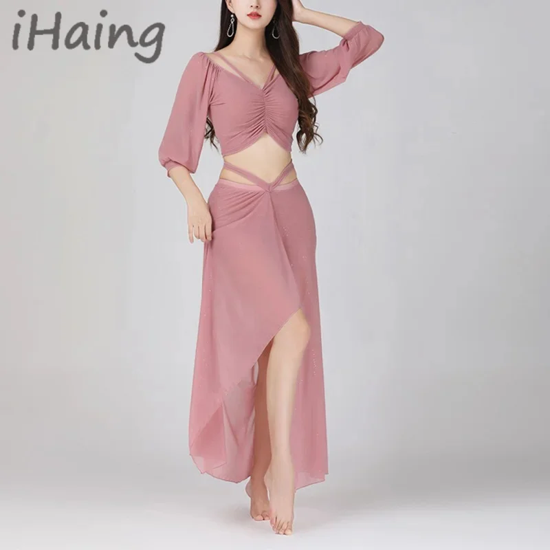 

Взрослый восточный тренировочный костюм для танца живота, укороченный топ, юбка, комплект, женский костюм для танца живота, одежда для выступлений на сцене