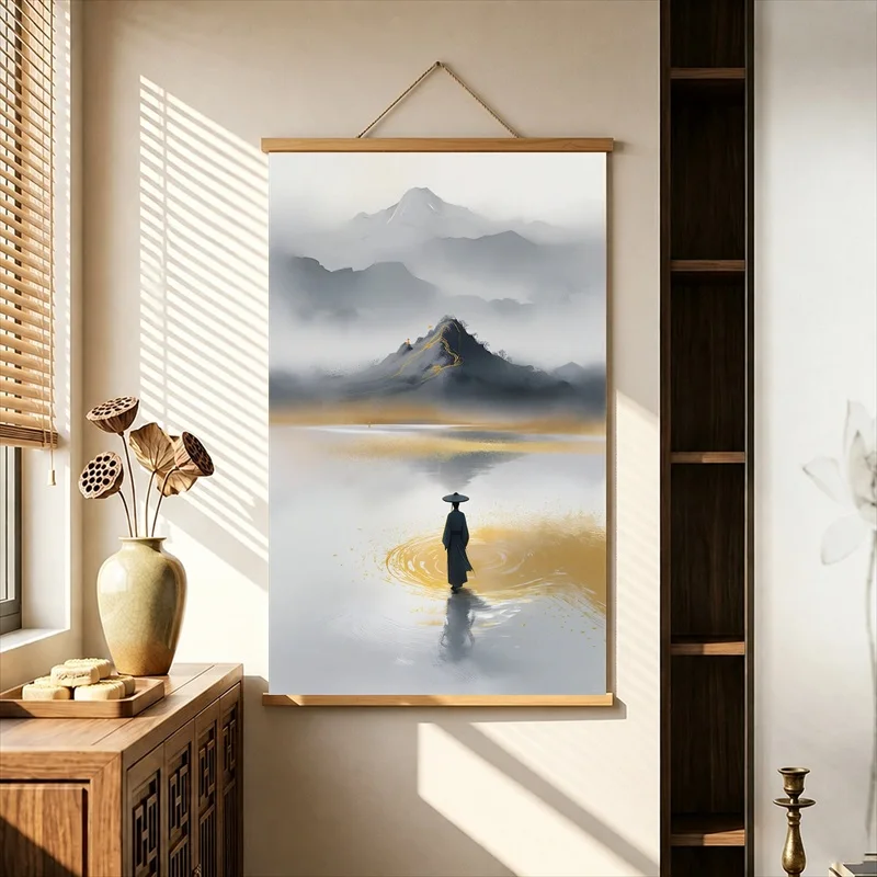 Wall Art Figures Walking through Misty Mountain Water, Zen Minimalism Pearlescent Canvas Wall Hanging Scroll for Meditation Nook