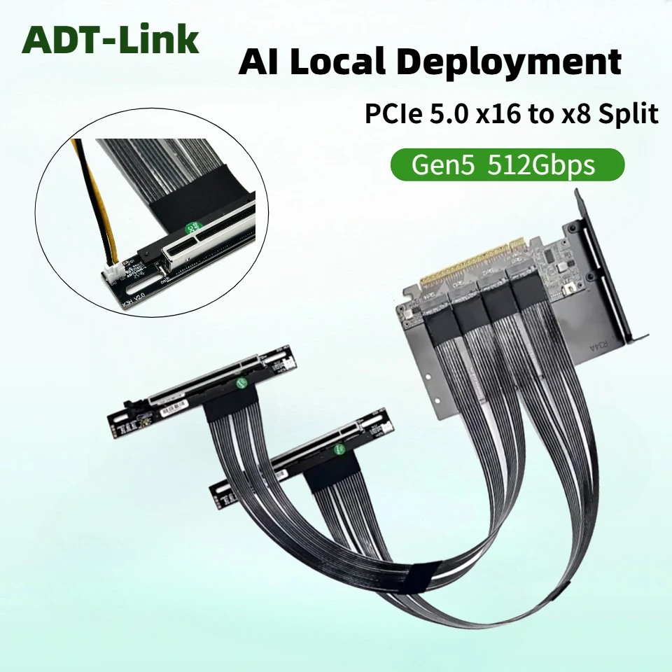 R34A 4 Port M.2 NVMe PCIe 5.0 x16 to x8 Split Extension Cable For AI Local Deployment -One to Two 8X+8X Bifurcation PCIE Adapter