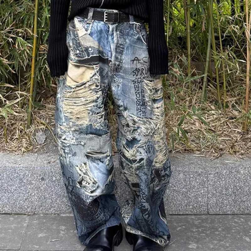 HKSH 春夏メンズユーズド加工カジュアル穴洗浄ブーツカットジーンズハイストリートファッション抽象パターンデニムパンツイン HK7029