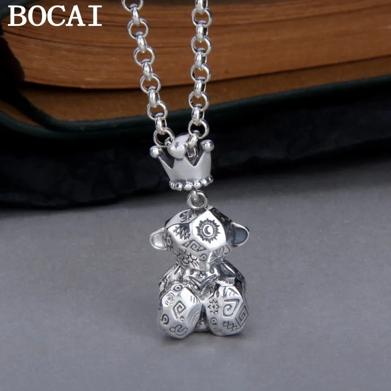 

BOCAI New S925 Silver Jewelry Retro Creative Design Fashion Crown Cartoon Bear Trendy Woman Pendant
