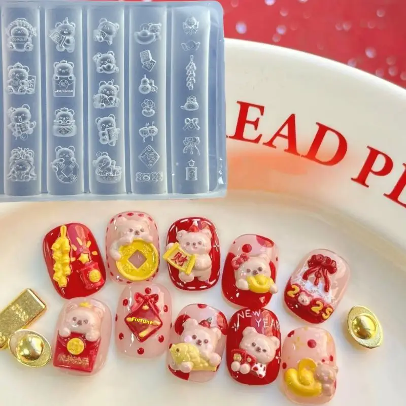 1 pz stampo per nail art in silicone cartone animato orso di capodanno modello per unghie trasparente fai da te 3D decorazione per nail art strumento di progettazione per manicure