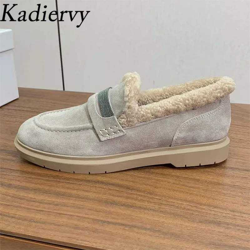 

Winter Flat Shoes Women Cow Suede Chain String Bead Round Toe Slip-on Walk Shoes Ladies Casual Comfort Wool Warm Loafers Woman
