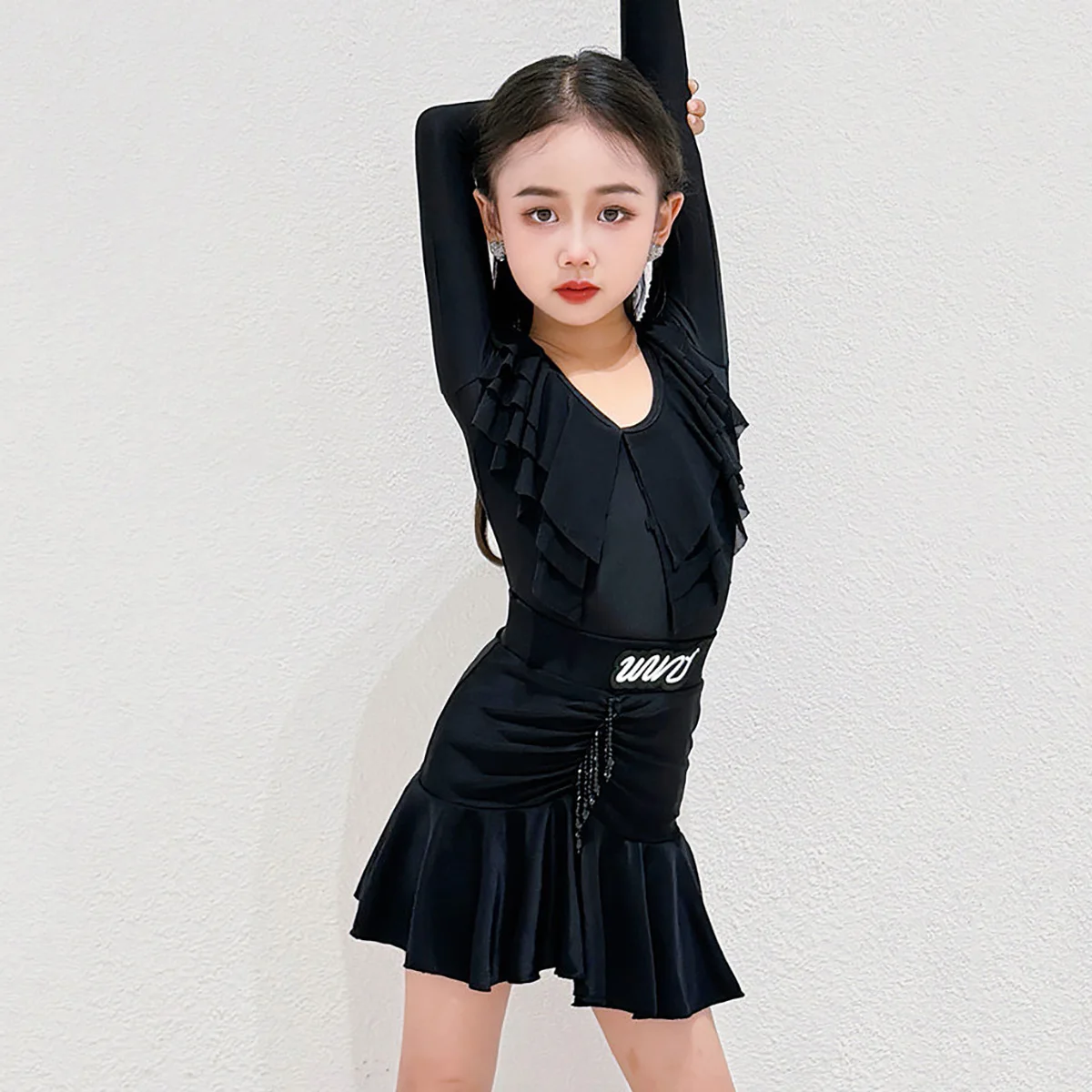 black-girls-latin-dance-competition-costume-children-professional-standard-long-sleeve-bodysuit-and-pleated-skirts-dancewear