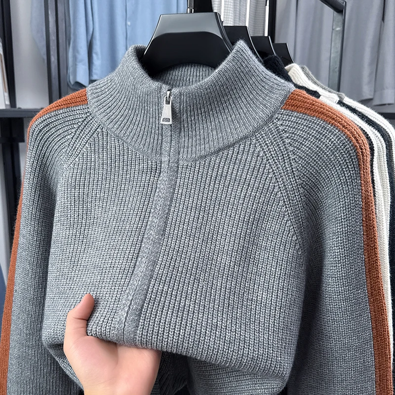 Fashion color blocked men's sweater coat high-quality sporty casual youth luxury winter new zipper stand collar knitted cardigan