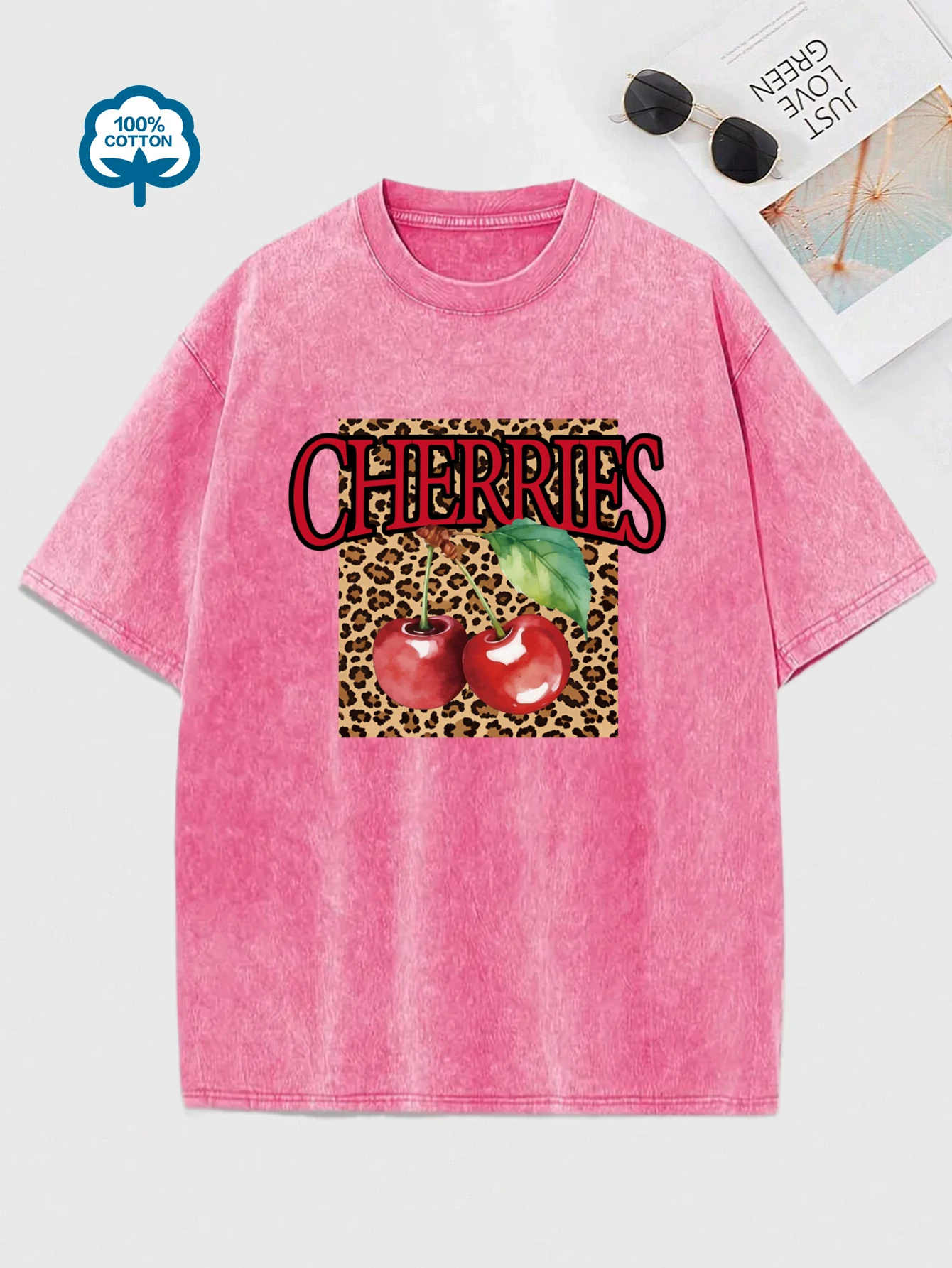 Kreative Leopard Print Kirschen Obst Muster Gewaschen T-Shirt Frauen Casual Baumwolle T Shirts Hip Hop Weiche Kurzarm Lose Top