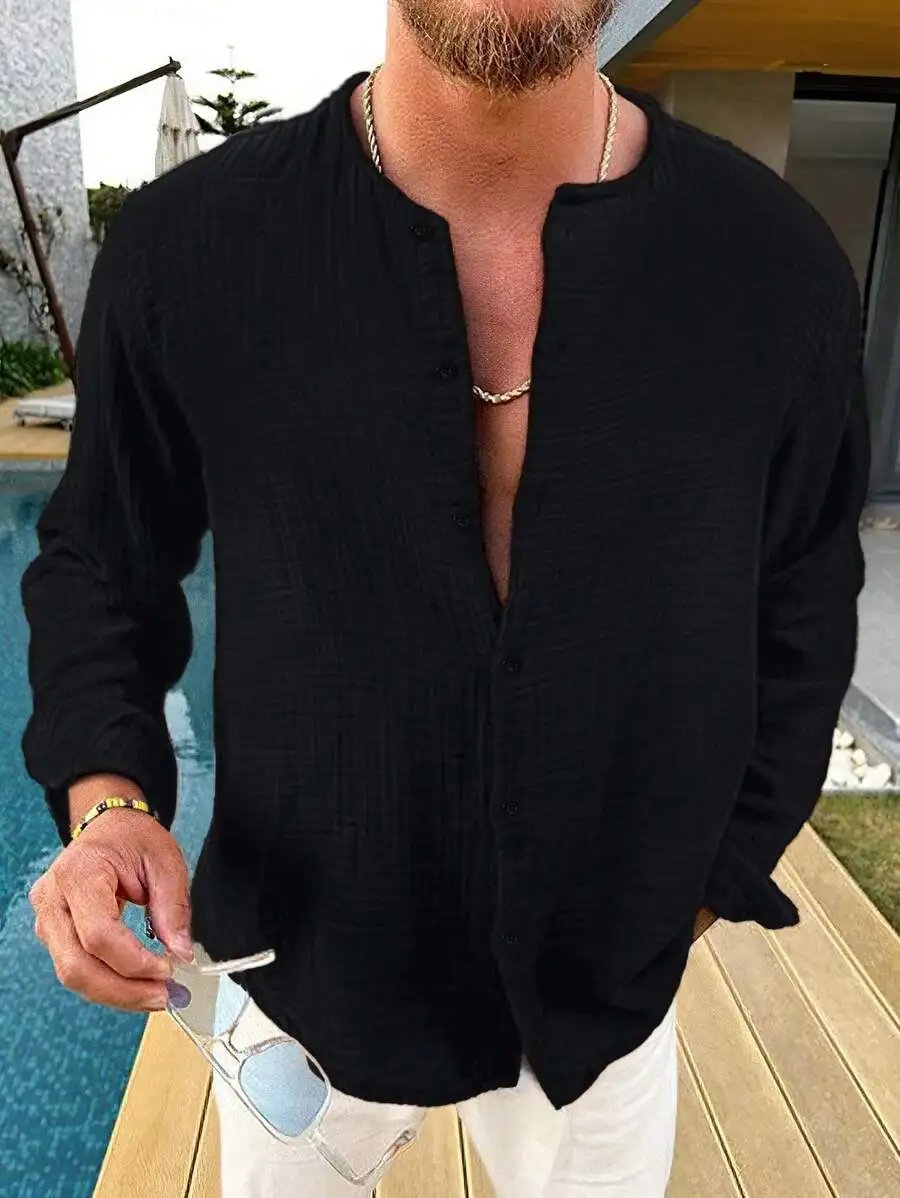 

Men's Black Casual Long Sleeve Button-Front Shirt with Henley Neck, Lightweight Woven Fabric