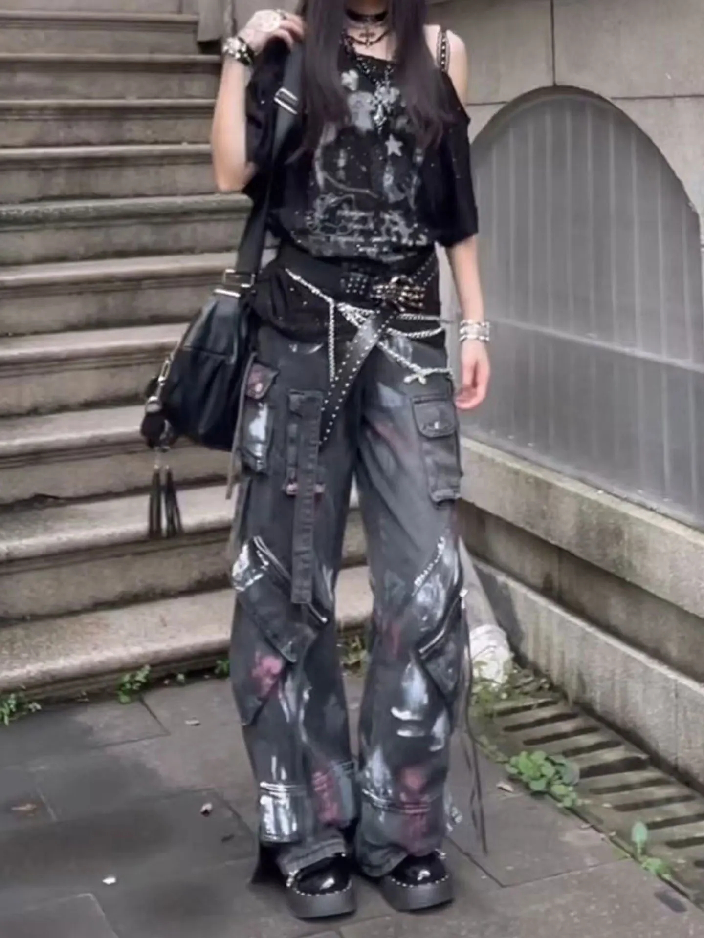 

Summer Women's High Waist Wide Leg Jeans Graffiti Splatter Denim Pants Multiple Pockets Pleated Drapey Straight Long Trousers