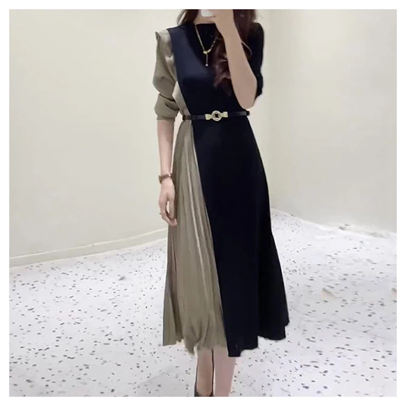 Female French  high-end splicing mid length waist cinched pleated skirt  long dresses for women  vestido