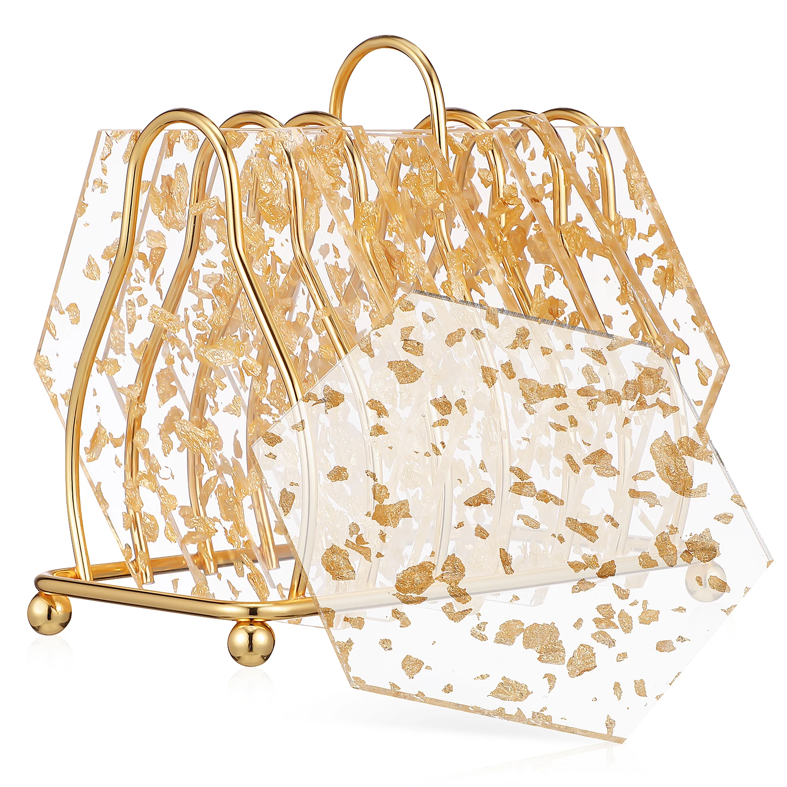 

6Pcs Hexagon Acrylic Coasters Clear Coffee Table Decor Gold Foil Stylish Design Easy Clean Acrylic Coaster Coasters with Holder