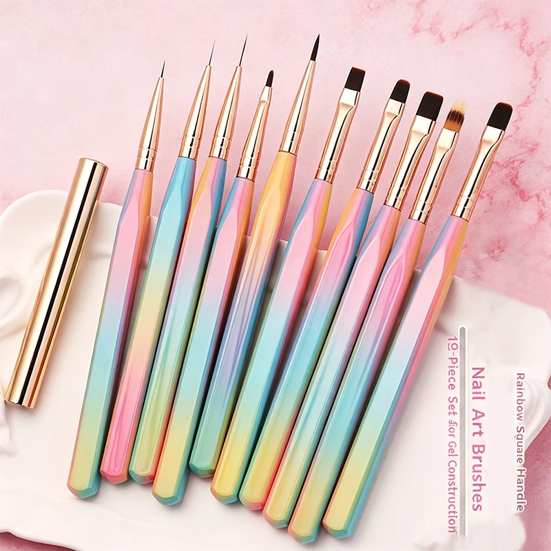 10Pcs Rainbow Gradient Square Nail Art Brush Set Soft Bristle With Caps For UV Gel Builder Liner Gradient DIY Nail Supplies