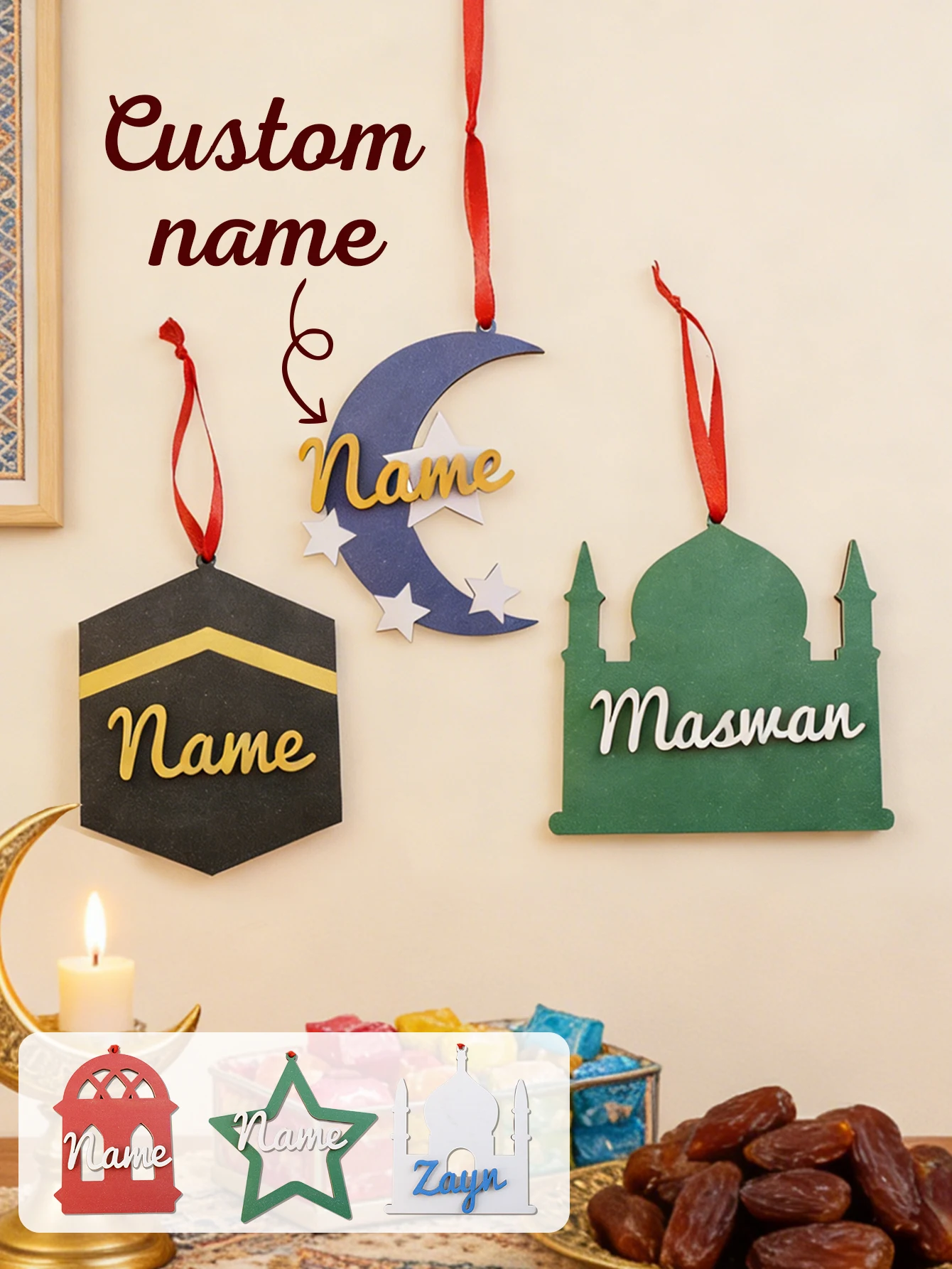 Ramadan Hängedekoration Geschenk, Eid Mubarak Heimdekoration, Moschee-Stern-Laterne Ornament, Personalisiertes Hängeschild mit Namen