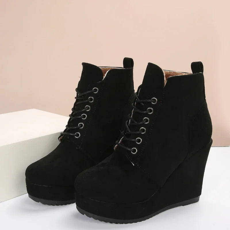 Womens Wedges short Boots 2024 High Heels12CM Flock Fashion Lace Autumn Winter Quality Shoes woman Ankle boots rise sexy botas