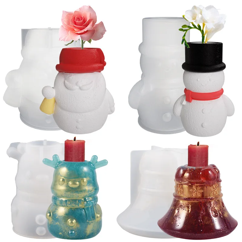 Christmas Candle Holder Silicone Mold DIY Santa Claus Snowman Elk Bell Candlestick Flower Pot Resin Mould Home Decor Xmas Gift