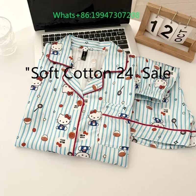 

2025 summer cartoon sky blue Hello Kitty women's pajamas two-piece set of short-sleeved shorts Hello Kitty loose loungewear