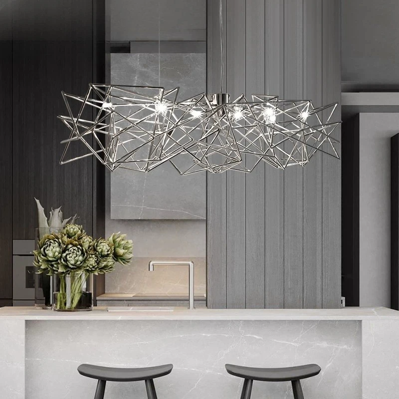Modern Geometric Wireframe Chandelier Polished Chrome Linear Pendant Light Abstract Irregular Cage Hanging Lamp for Kitchen Isla