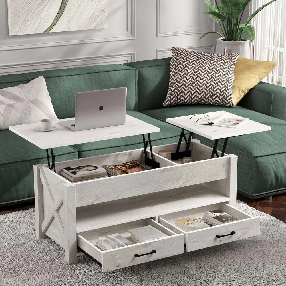 Coffee table with 2 storage drawers and concealed compartment, vintage central table with wooden raised top, grey