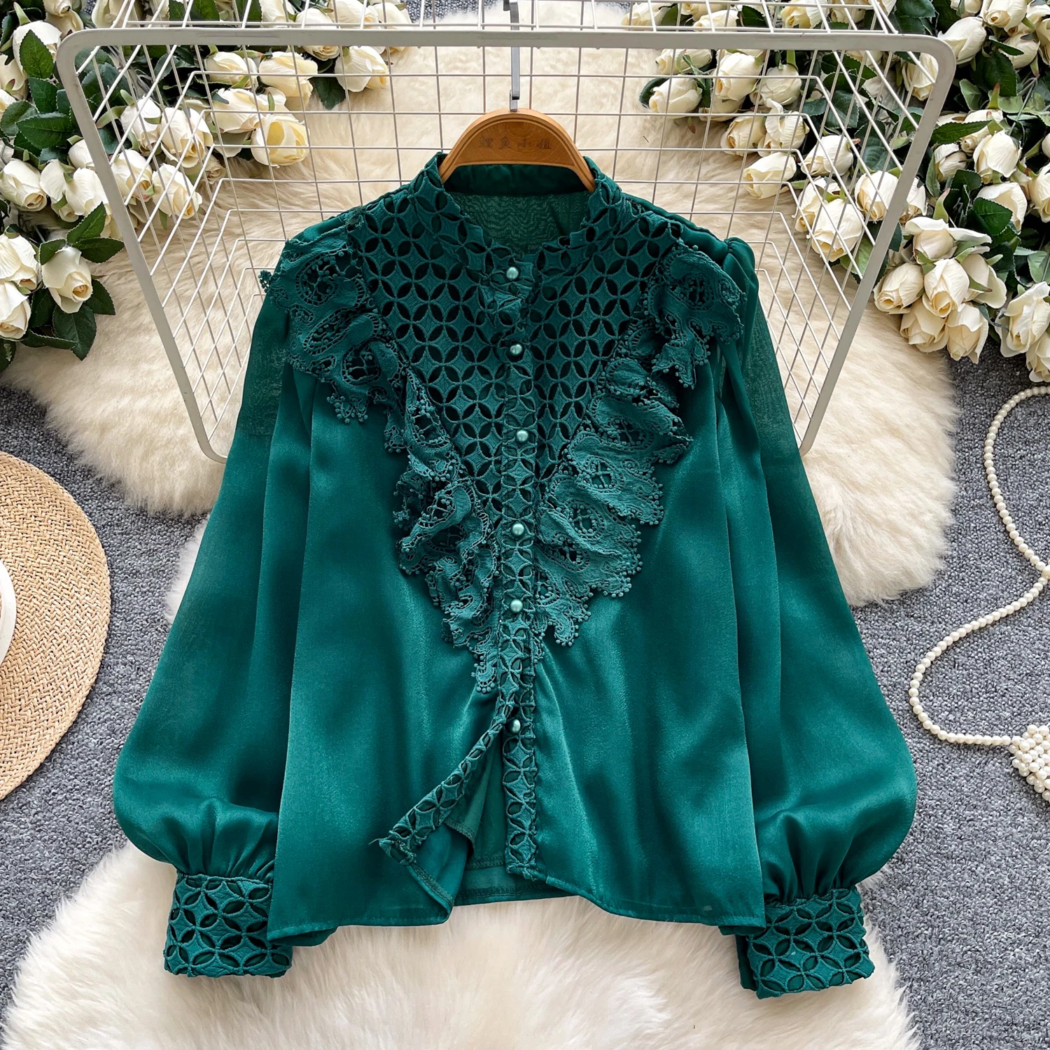 

Vintage lantern sleeve button long sleeve Blouse Slim Elegant Korean Fashion Women Shirt Femme Blusa